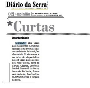 Diário da Serra do Mato Grosso noticia Processo Seletivo do Sebrae